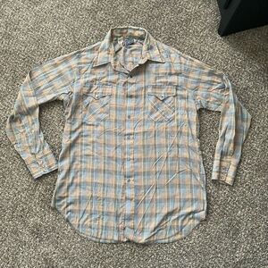 Deedee Rangers Men’s Western Tan/blue ‎ Pearl Snap Flannel Shirt Size XL.